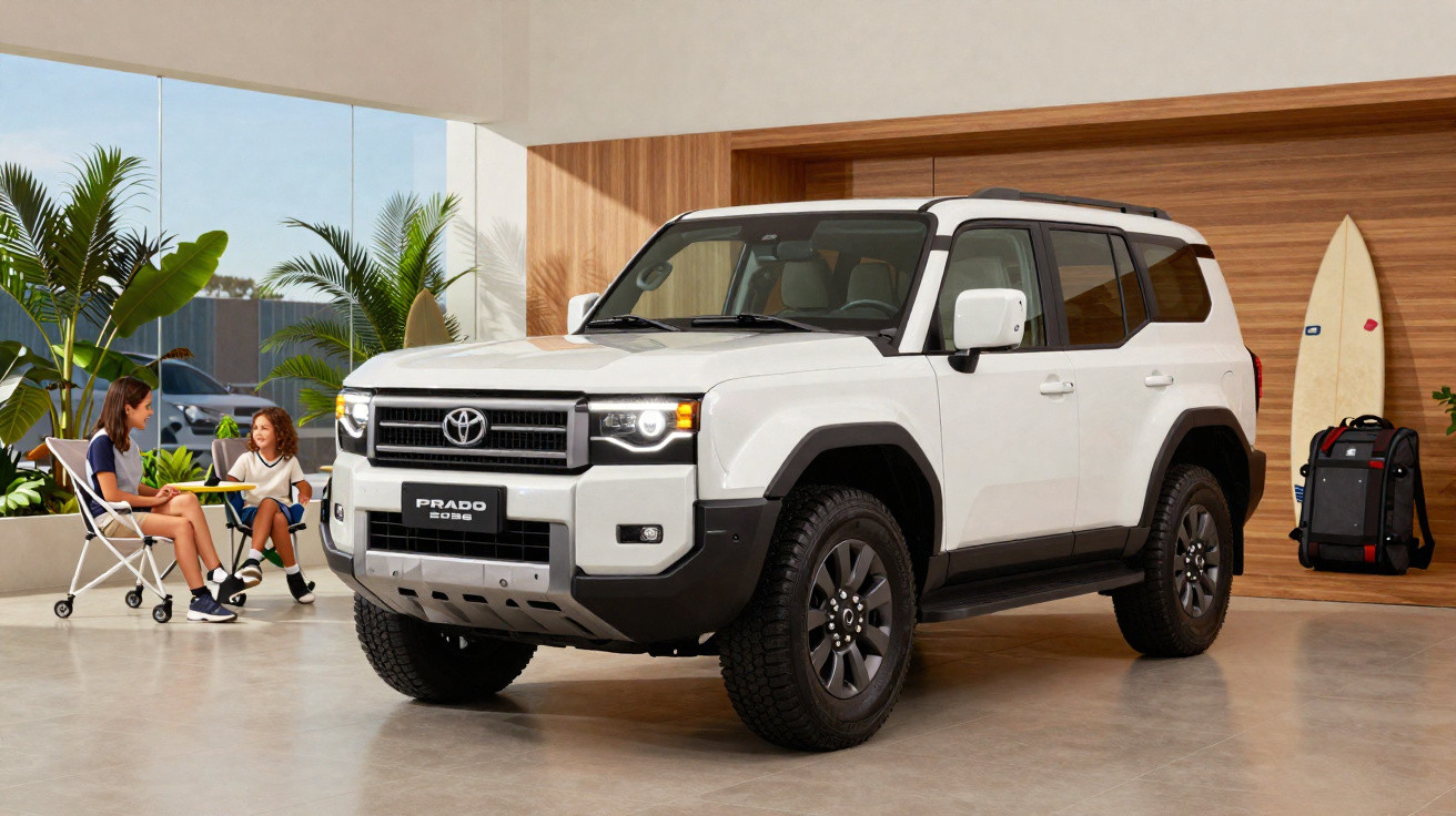 SUV branco Toyota Prado 2024 em garagem moderna com duas crianças sentadas conversando ao fundo.