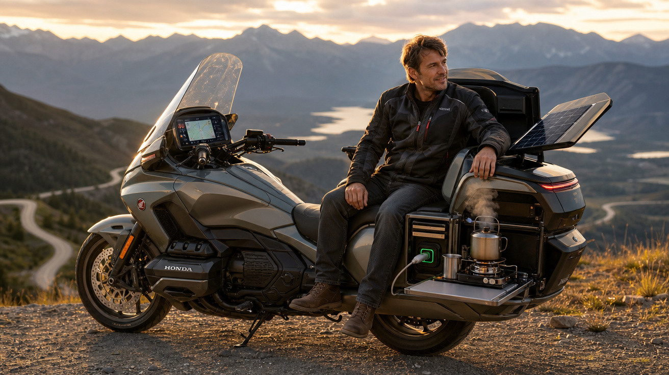Homem sentado em motocicleta Honda equipada com painel solar e fogareiro, ao pôr do sol na montanha.