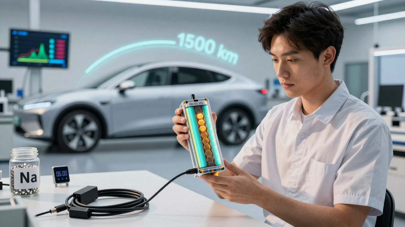 Homem analisa bateria inovadora para carro elétrico com alcance de 1500 km em laboratório moderno.