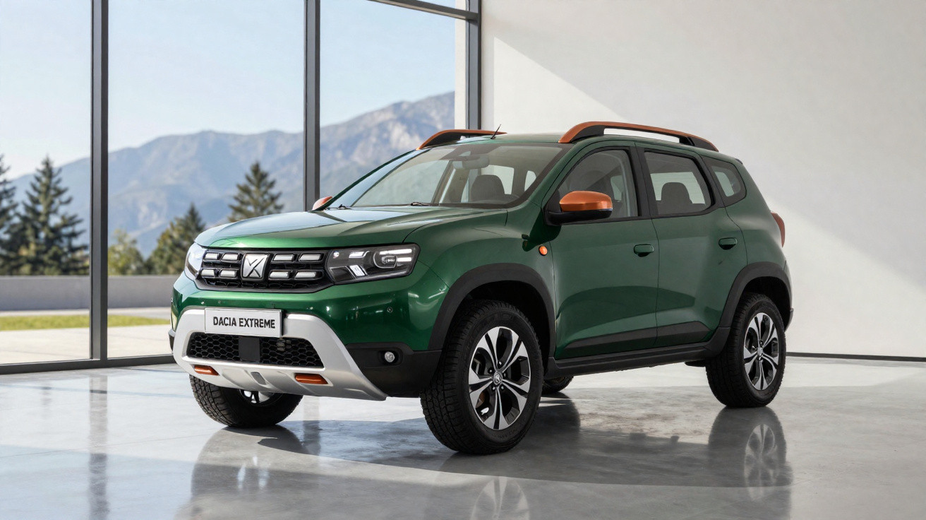 SUV Dacia Extreme verde com detalhes laranja exibido em ambiente interno com montanhas ao fundo.
