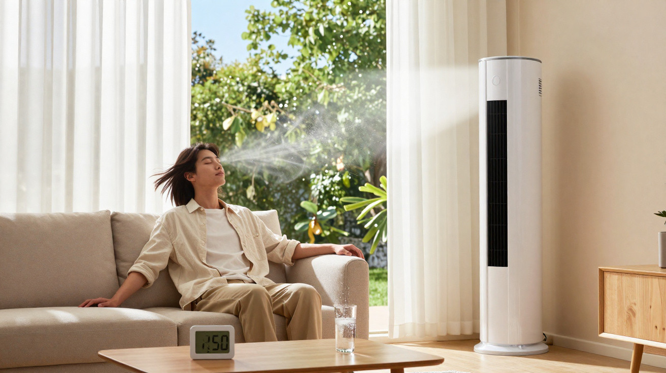 Pessoa relaxando em sofá com ventilador de torre ligado em sala clara com luz natural e plantas ao fundo.