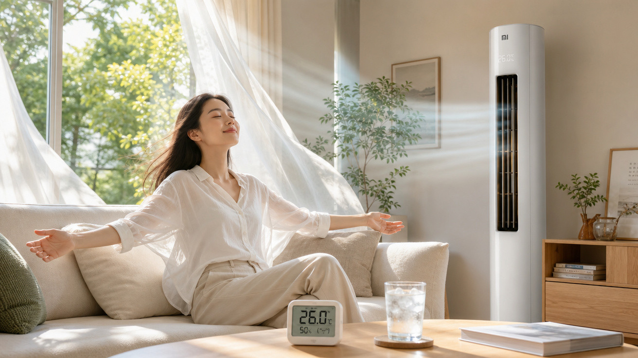 Mulher relaxando no sofá com ar-condicionado vertical ligado e medidor de temperatura em 26°C.