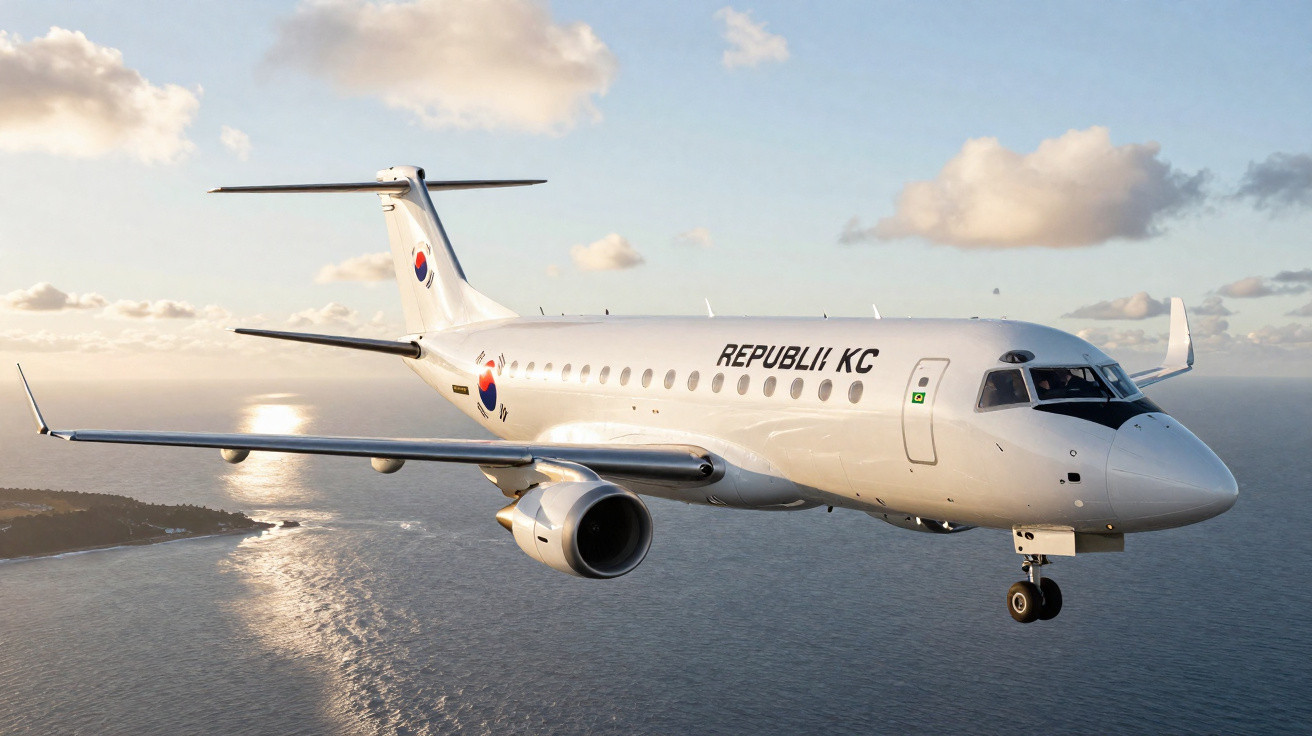 Avião comercial branco com a inscrição "REPUBLIC KC" voando sobre o oceano ao pôr do sol.