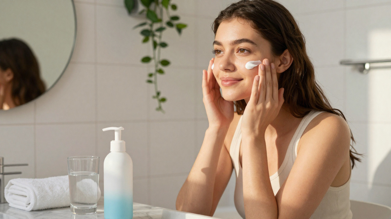 Mulher aplicando creme no rosto em banheiro iluminado, com toalha, copo e frasco de produto na bancada.