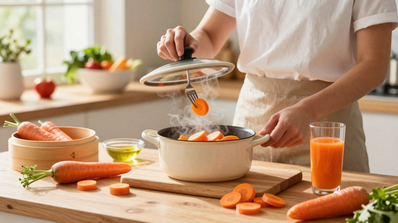 Pessoa cozinhando cenoura em panela com vapor, ao lado de cenouras cortadas e suco natural na cozinha.