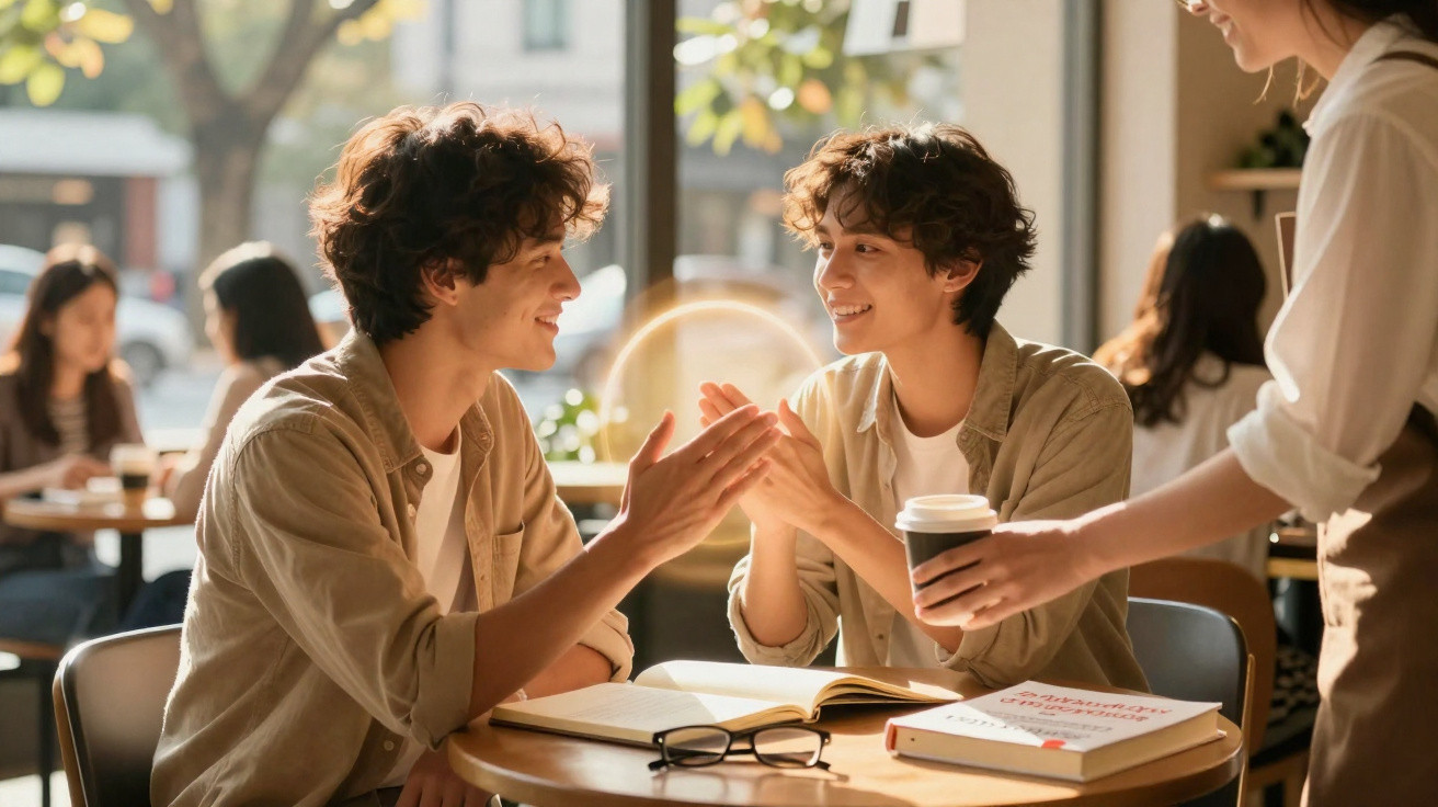 Dois jovens sentados em café, estudando e cumprimentando-se enquanto recebem uma bebida de uma garçonete.