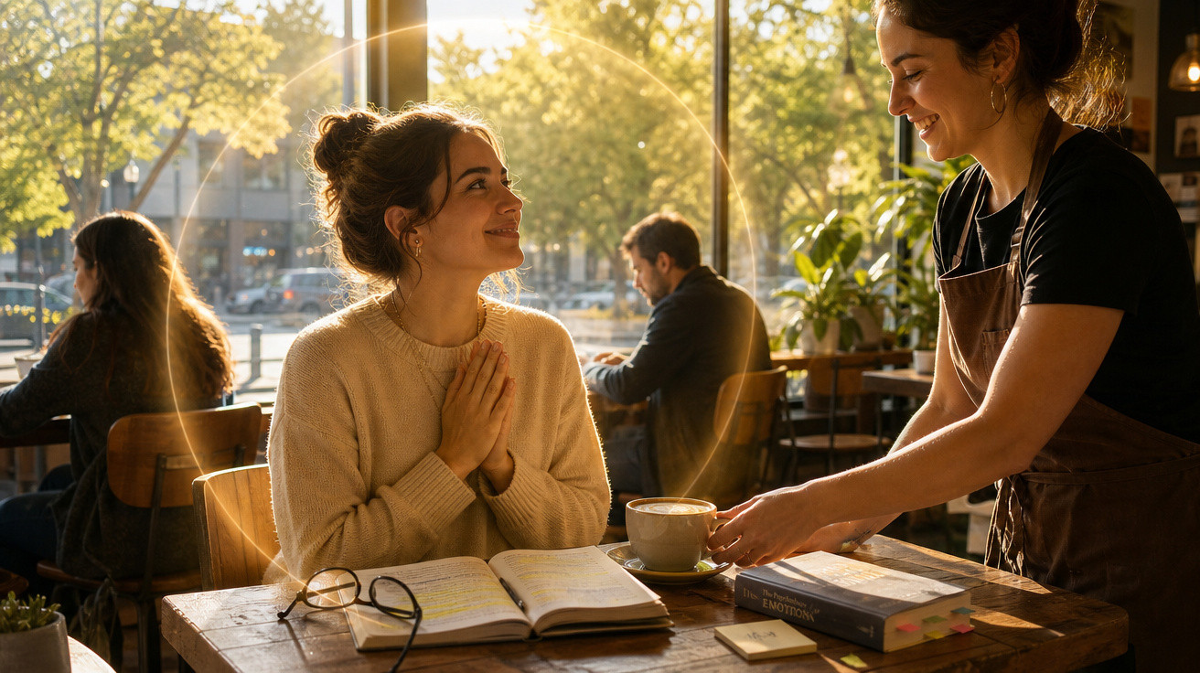 Cliente agradece barista ao receber café em cafeteria iluminada pelo sol da manhã.