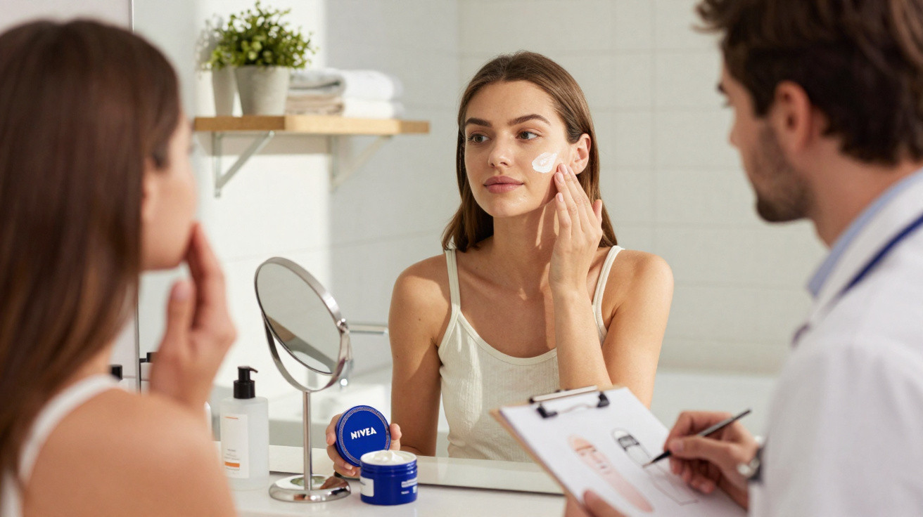 Mulher aplicando creme facial Nivea no rosto enquanto consulta profissional em banheiro.