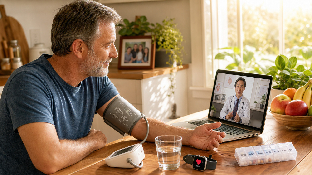 Homem medindo pressão com aparelho e fazendo teleconsulta médica em laptop numa cozinha iluminada.