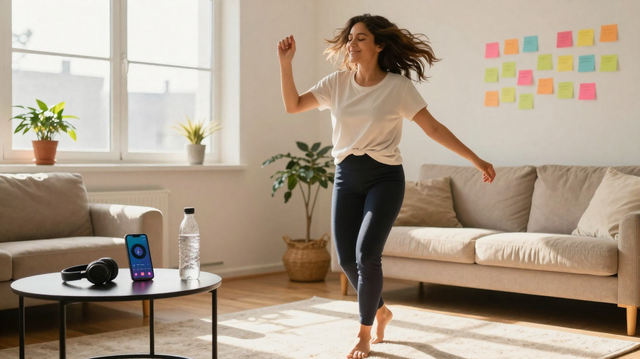 Mulher sorrindo dança descalça em casa, sala iluminada com sofá, plantas e post-its coloridos na parede.