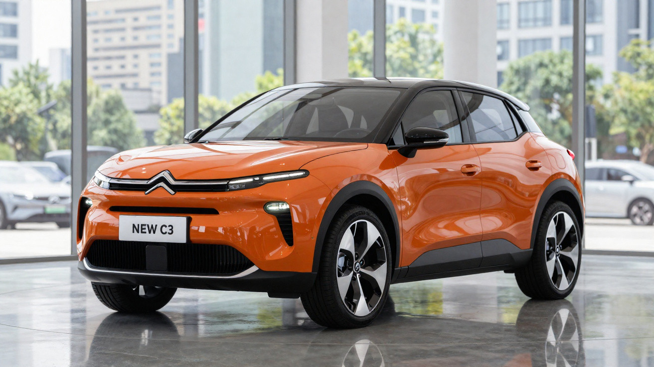 Carro Citroën New C3 laranja em exposição dentro de showroom com vidro e prédios ao fundo.