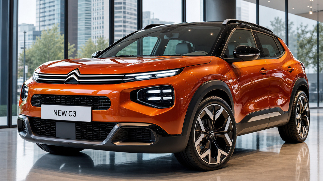 SUV Citroën New C3 laranja com teto preto exposto em showroom moderno.