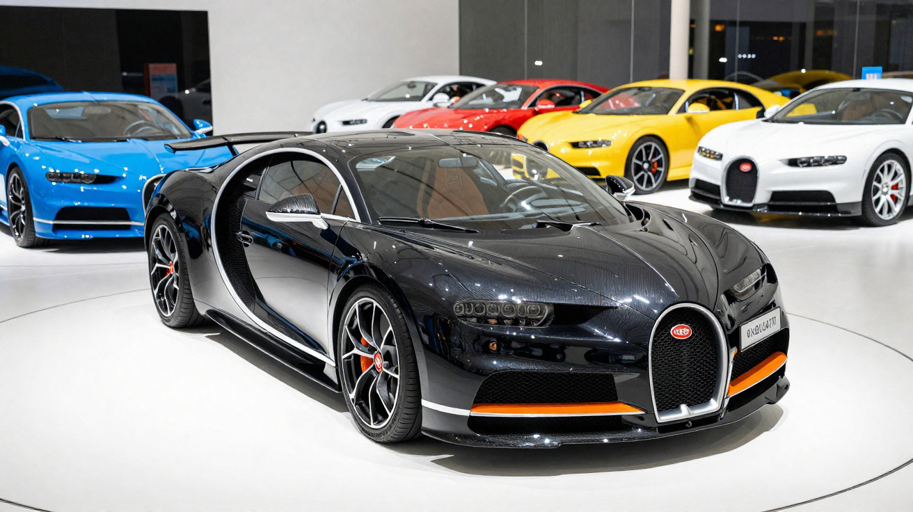 Bugatti Chiron preto em exposição, com vários modelos Bugatti coloridos ao fundo.