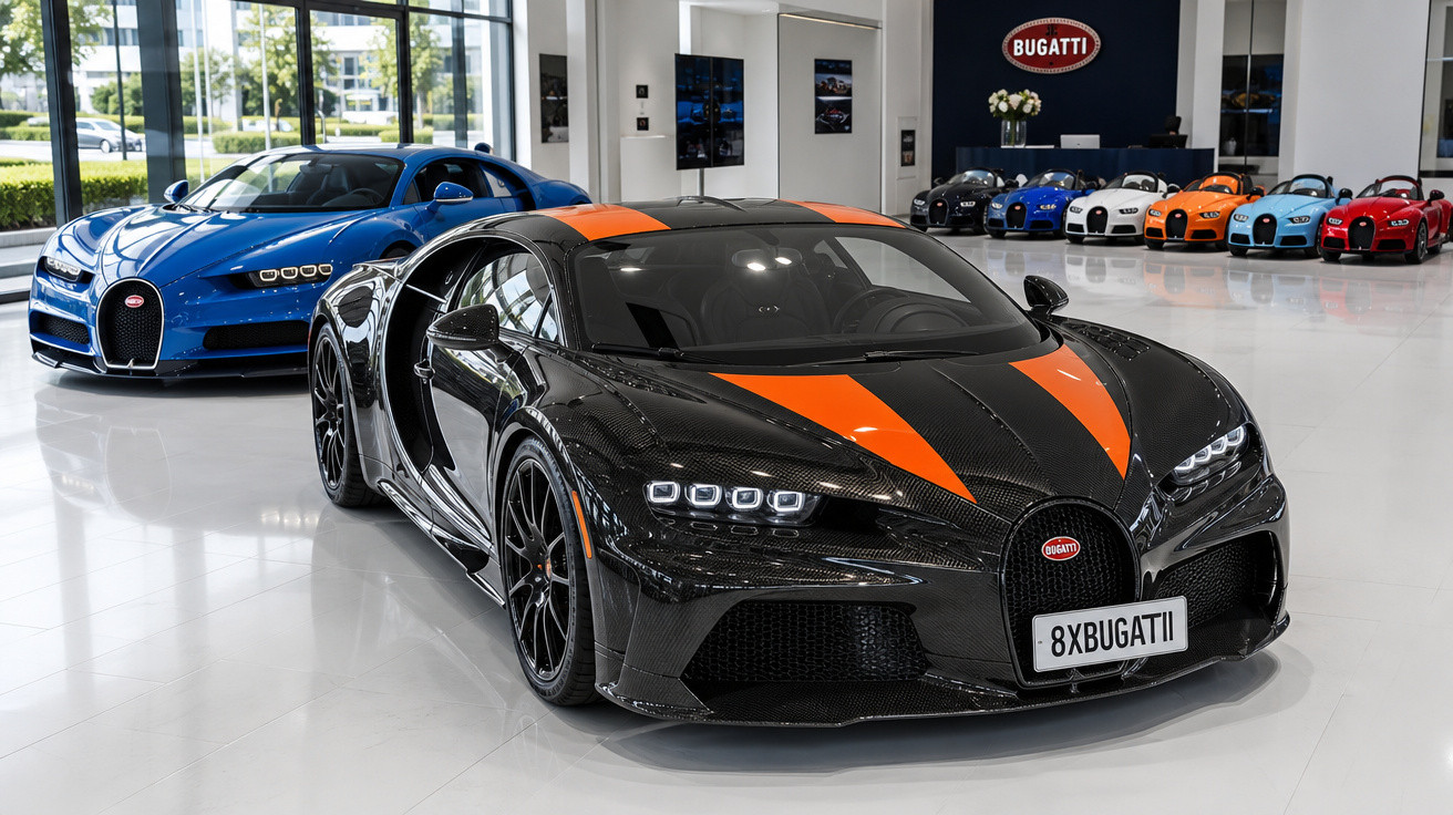 Carro esportivo Bugatti preto com listras laranjas em showroom com outros carros coloridos ao fundo.