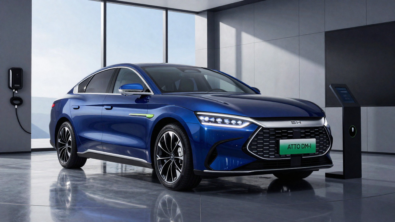 Carro elétrico azul estacionado em ambiente interno, conectado a carregador na parede.