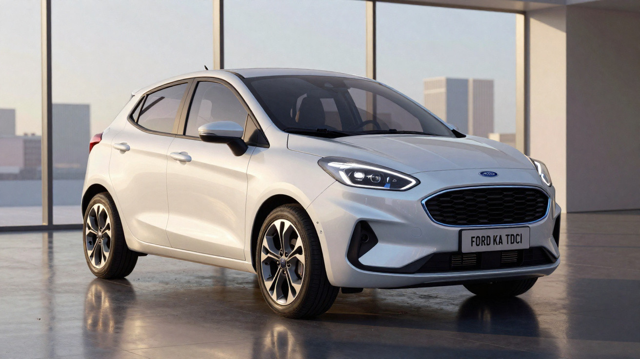 Carro branco Ford Ka TDCi estacionado em ambiente interno com janelas amplas ao fundo.