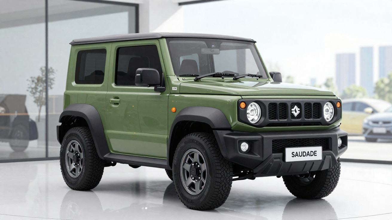SUV verde militar com design compacto exposto em showroom moderno e placas com a palavra "Saudade"