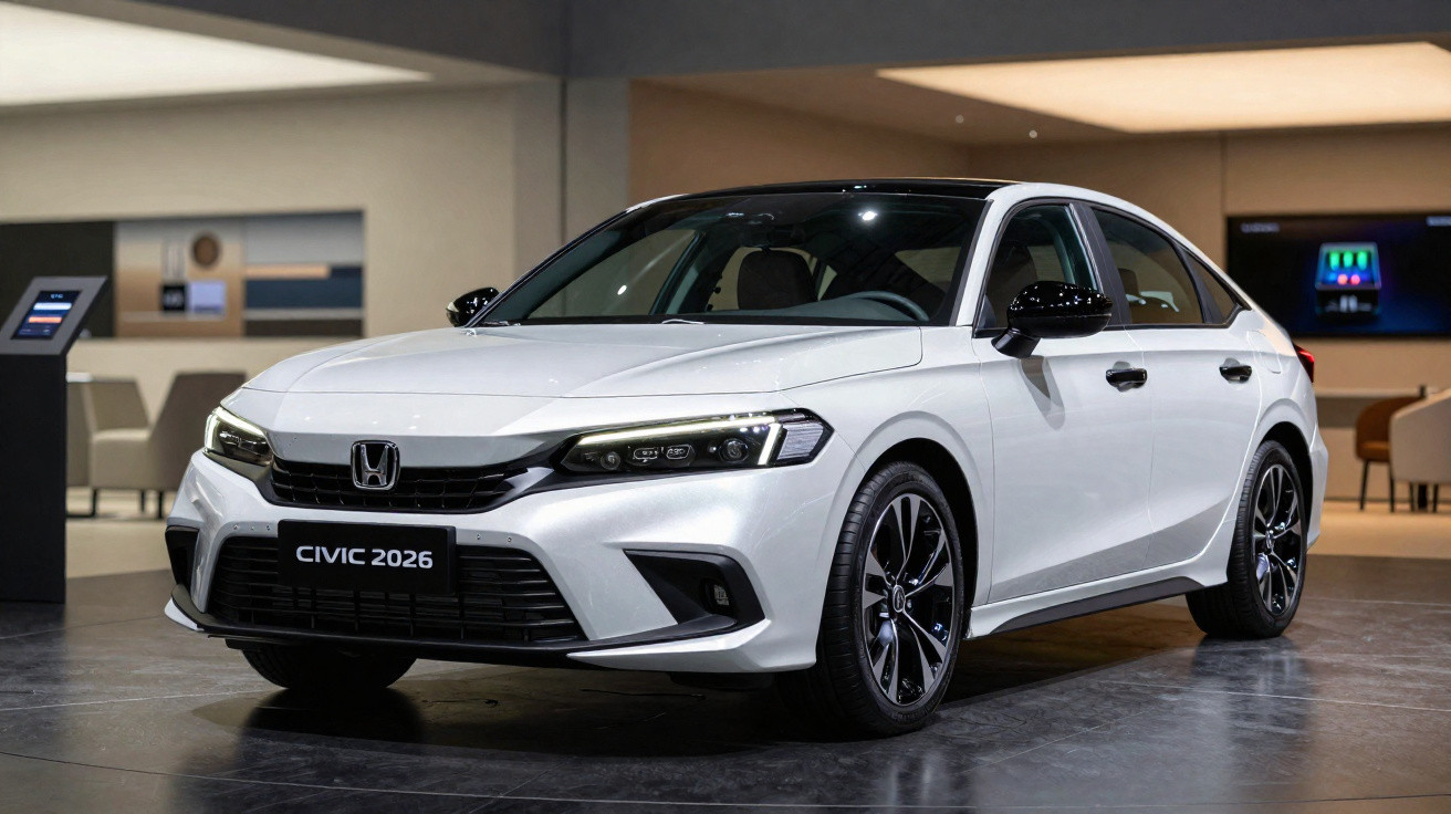 Carro Honda Civic 2026 branco em exposição interna com rodas pretas e detalhes modernos no design.