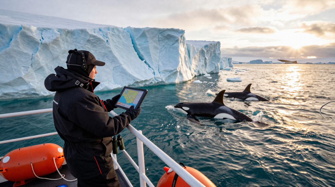 Pesquisador com tablet observa orcas nadando perto de um icebergue em mar polar ao pôr do sol.