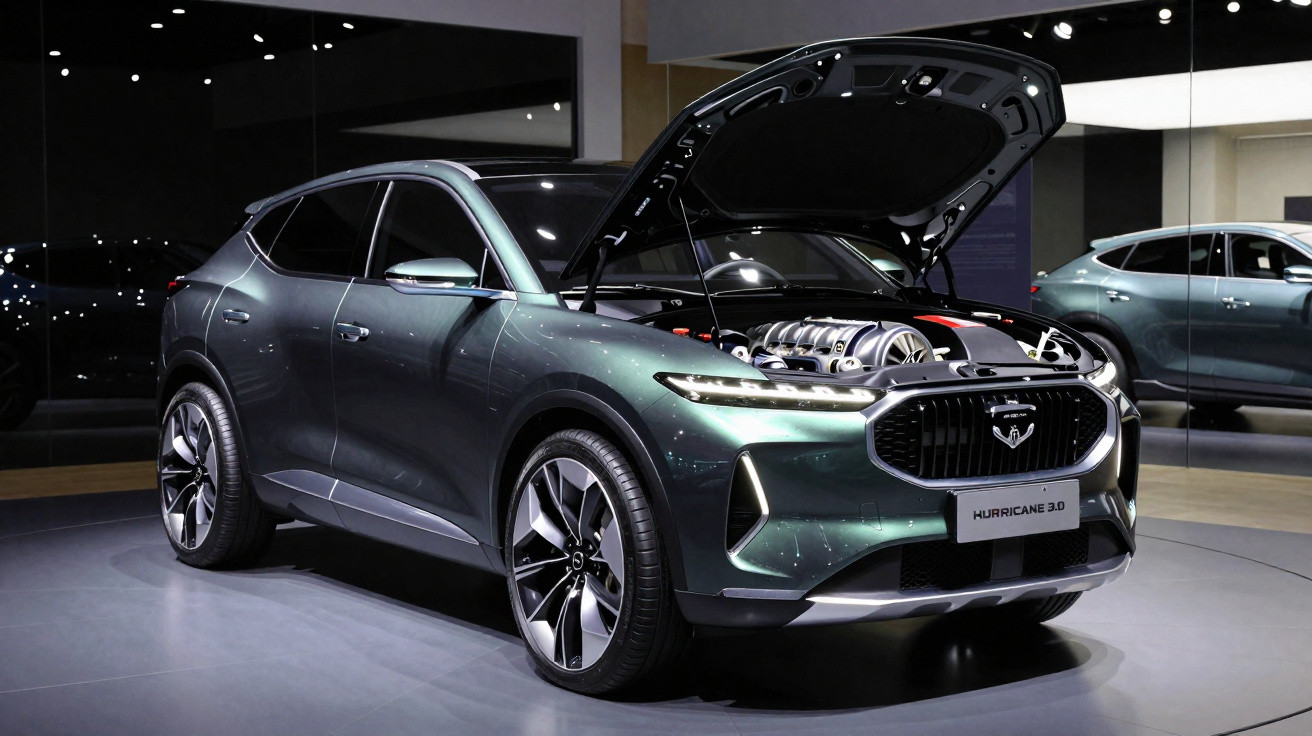 Carro SUV verde escuro com capô aberto exibindo motor em exposição fechada.