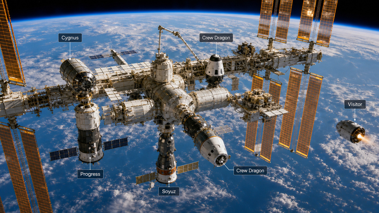Estação Espacial Internacional com módulos Cygnus, Progress, Soyuz, Crew Dragon e nave Visitor em órbita da Terra.