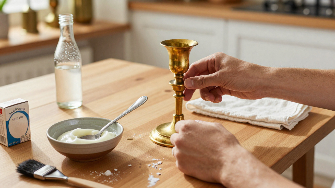 Mãos limpando um castiçal dourado sobre mesa de madeira com itens de limpeza ao redor.