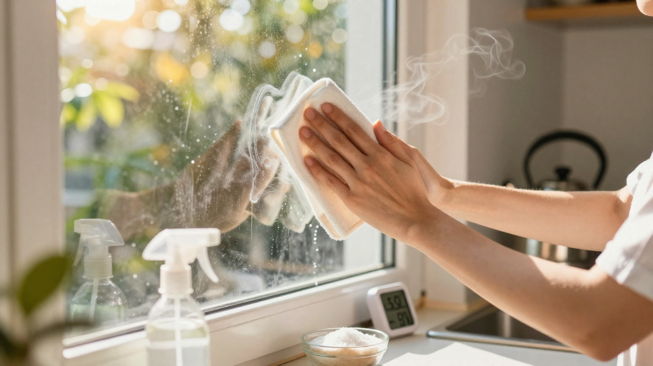 Mãos femininas limpando janela com pano, luz natural e produtos de limpeza visíveis na bancada da cozinha.