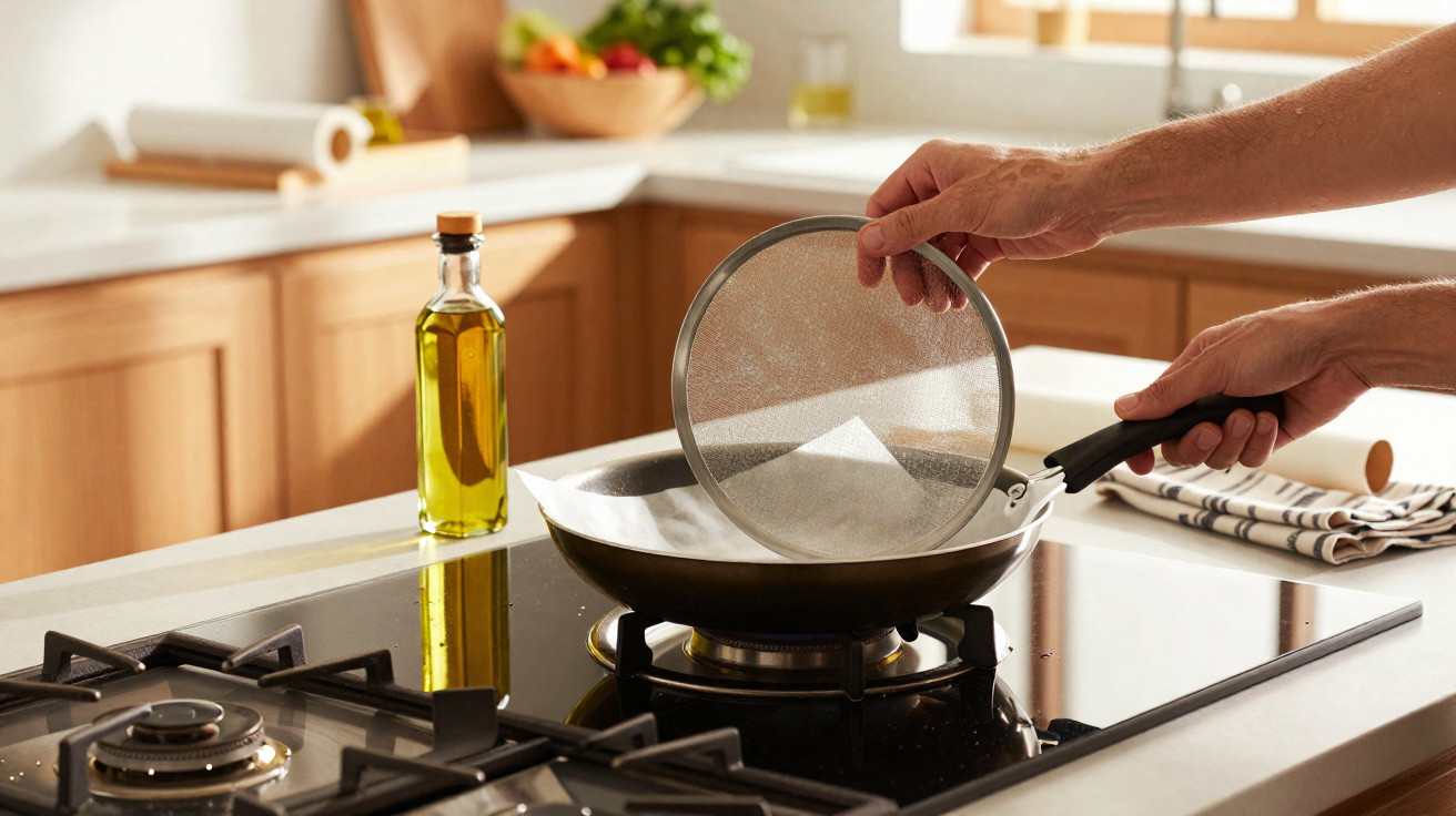 Mãos segurando uma tampa de panela sobre frigideira em fogão com garrafa de azeite ao fundo na cozinha.
