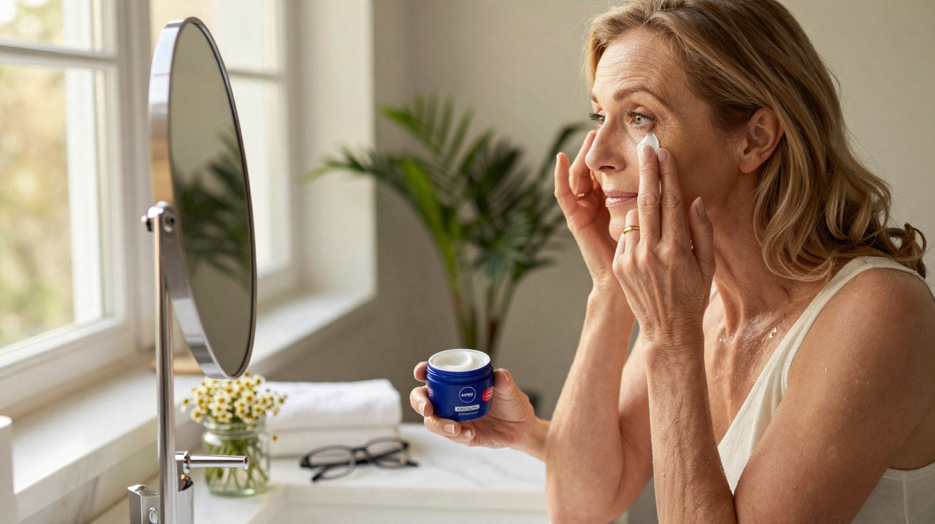 Mulher madura aplicando creme facial perto da janela com espelho e planta ao fundo.