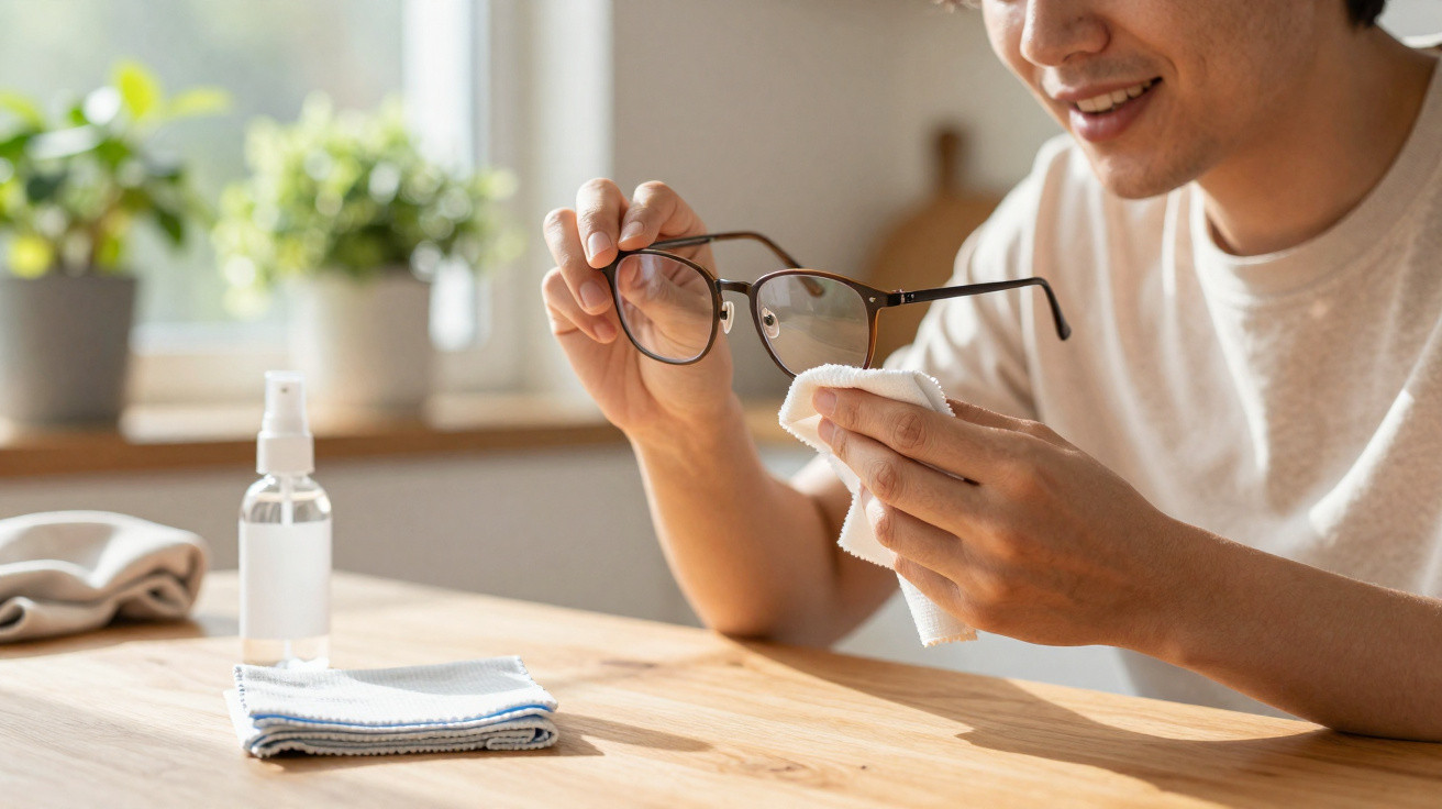 Pessoa sorrindo limpa óculos com pano branco, com plantas em vasos e frasco borrifador ao fundo.