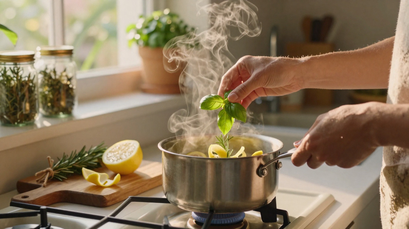 Mãos acrescentam manjericão em panela com vapor sobre fogão, ao lado de limão e ervas frescas na cozinha.