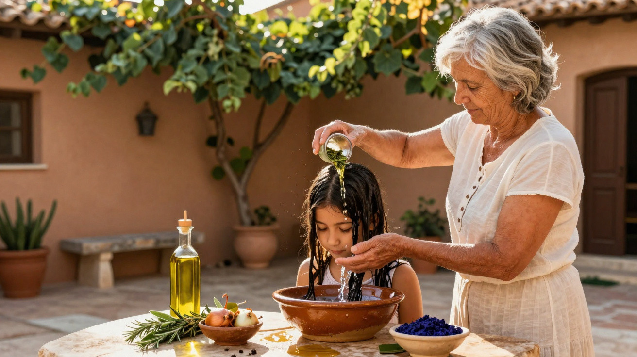 Mulher idosa despeja óleo no cabelo de menina sentada, em ambiente externo com plantas e mesa de cerâmica.