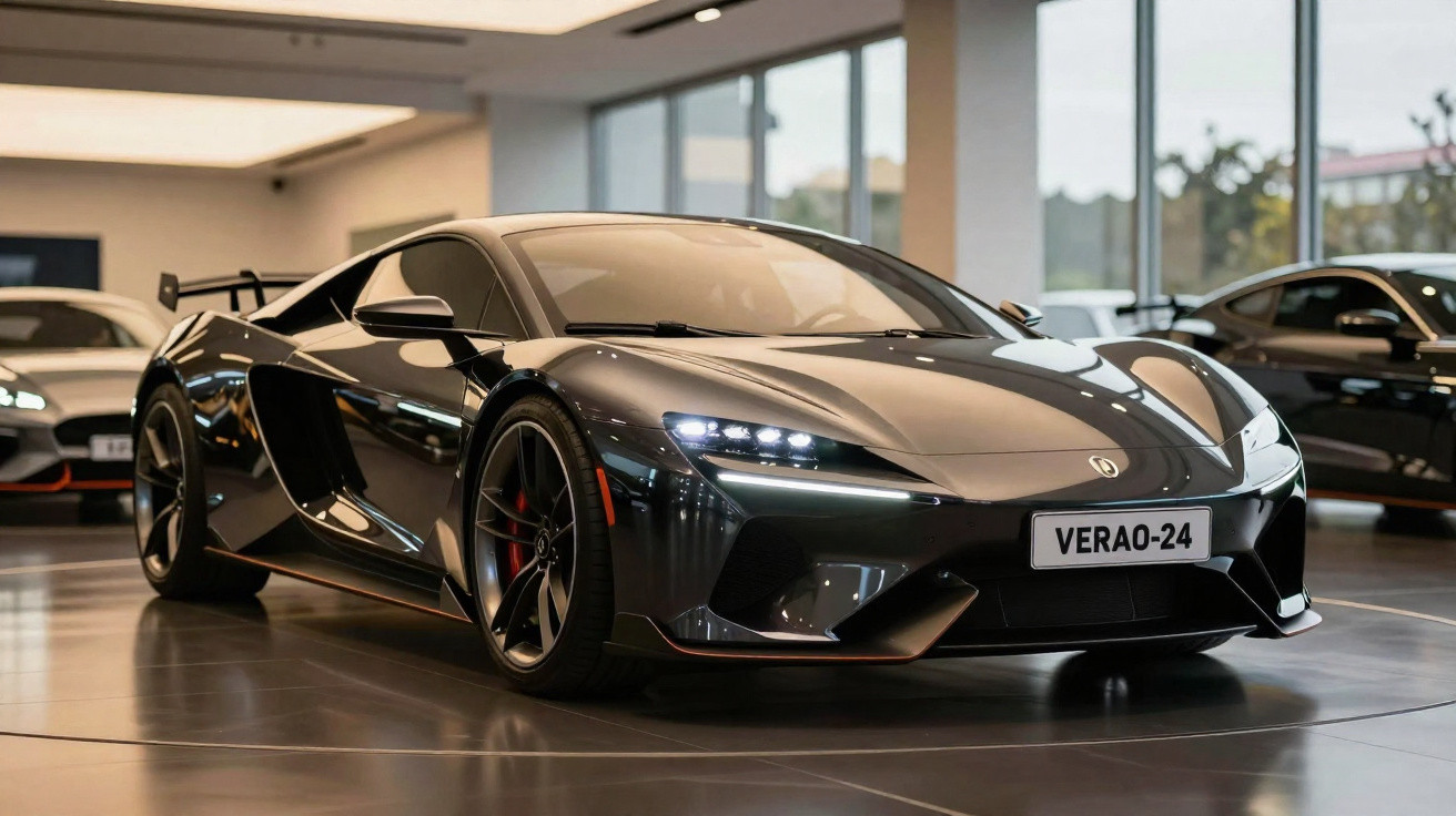 Carro esportivo preto estacionado em showroom moderno com faróis acesos e placa "VERAO-24".
