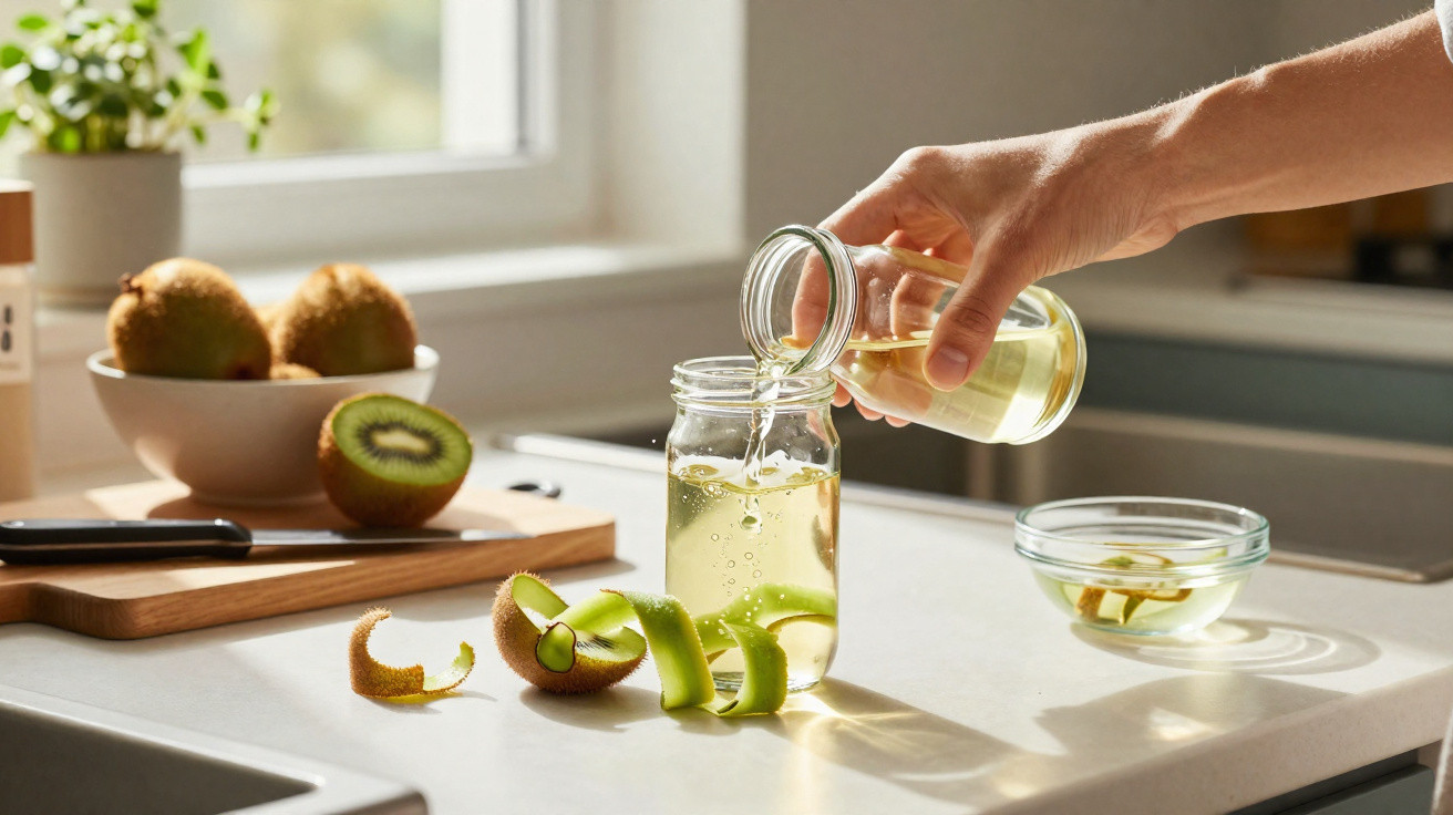 Pessoa despejando líquido em jarra com fatias de kiwi, perto de bancada com kiwis e utensílios na cozinha.