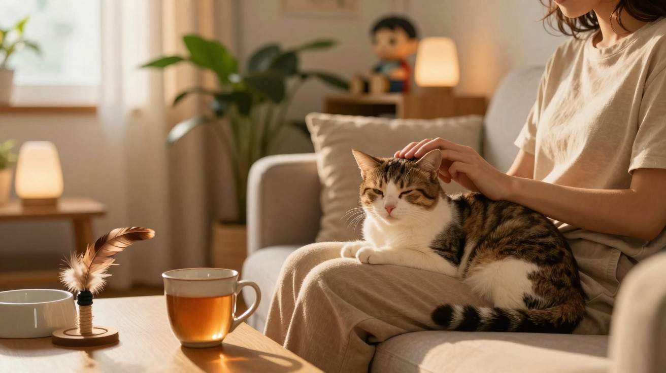 Pessoa sentada no sofá acariciando gato enquanto luz suave ilumina sala aconchegante com xícara de chá.
