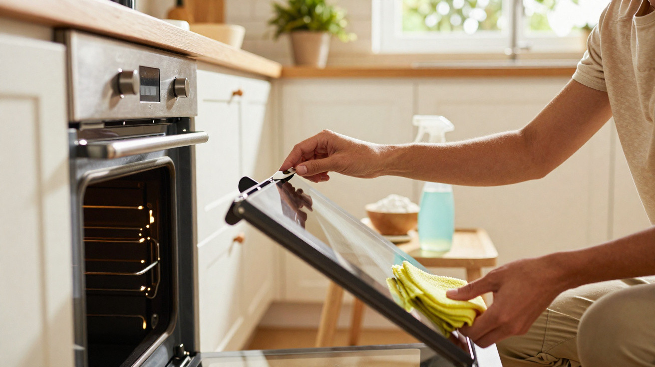 Pessoa limpando a porta interna de um forno na cozinha com um pano amarelo.