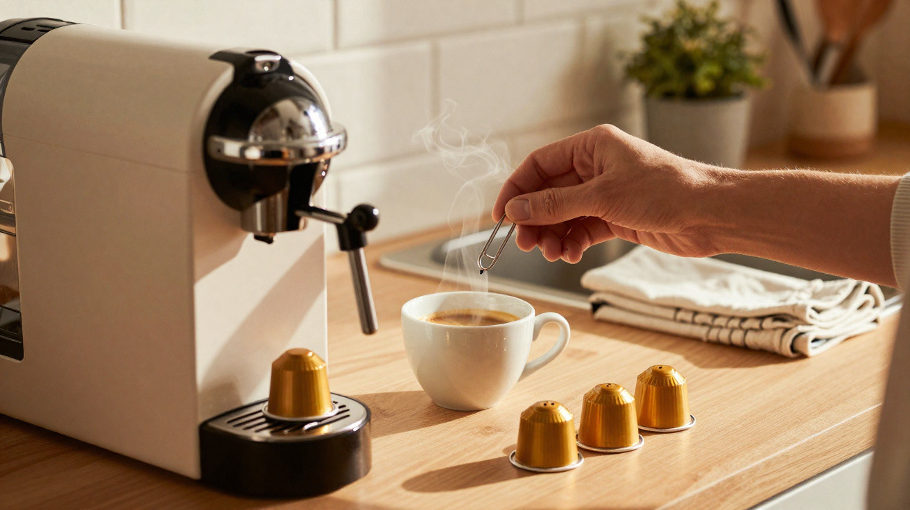 Mão mexendo café quente em xícara branca ao lado de máquina de cápsulas e cápsulas douradas sobre a mesa.