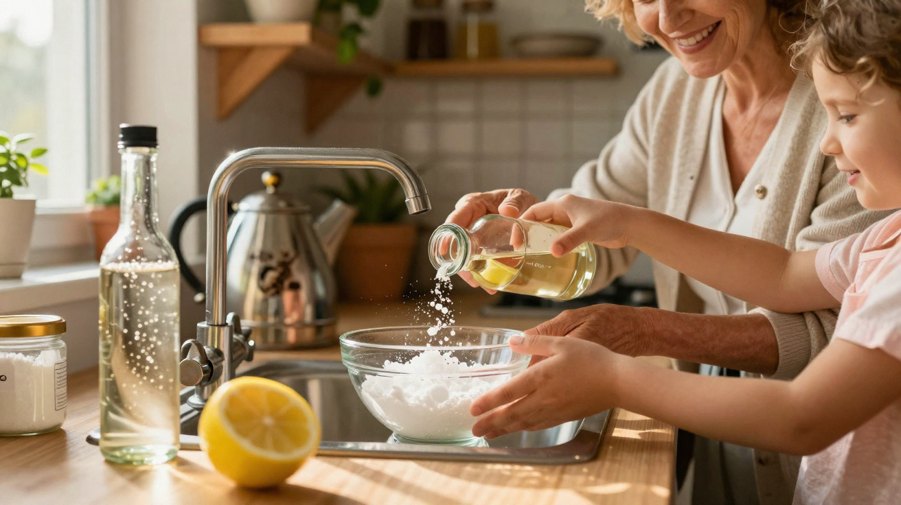 Criança e idosa preparando receita na cozinha com ingredientes em tigela de vidro sobre a pia.