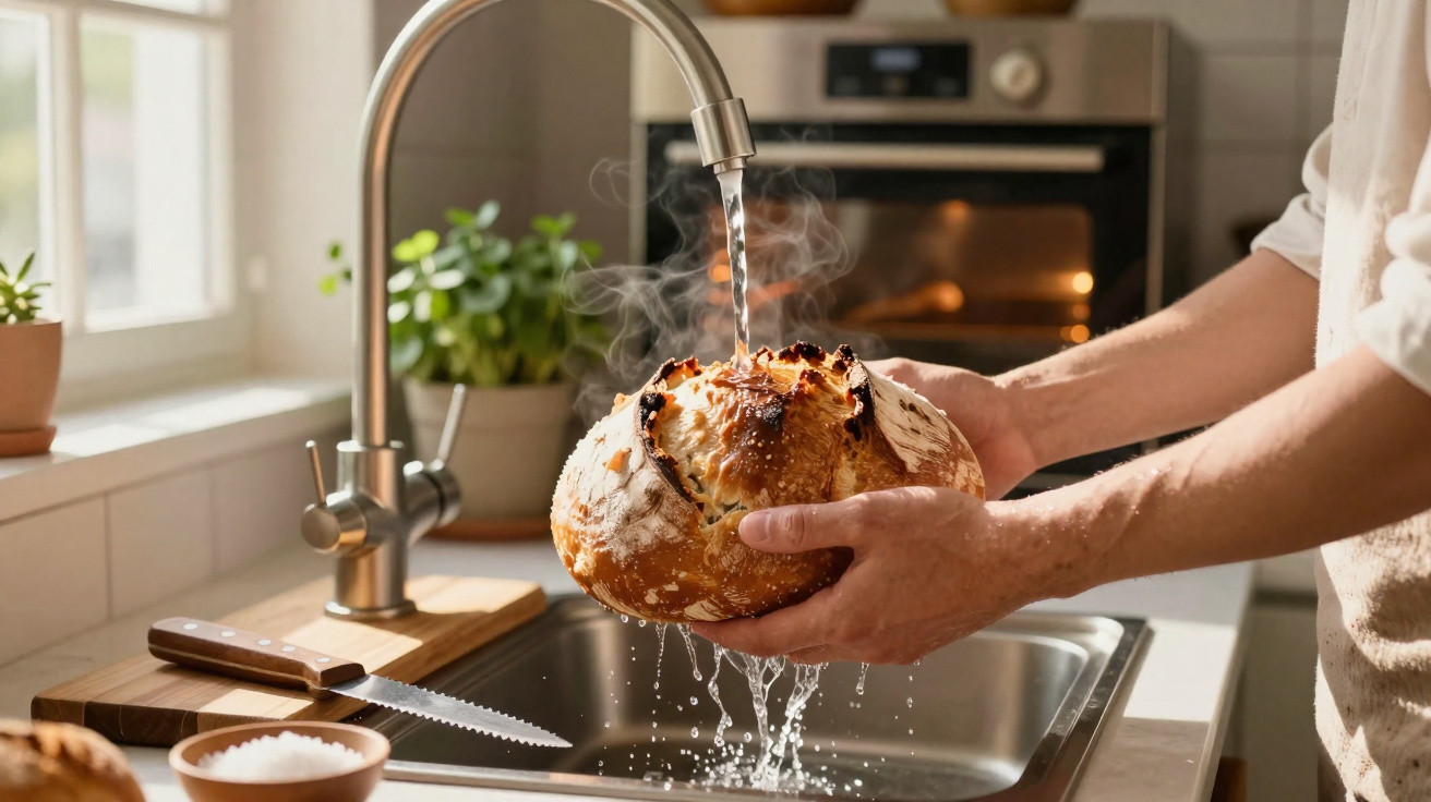 Pessoa lavando pão artesanal quente na pia da cozinha com torneira de aço inox e forno ao fundo.