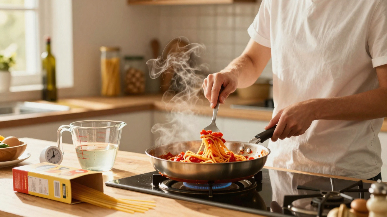 Pessoa mexendo espaguete com molho vermelho em frigideira sobre fogão a gás em cozinha iluminada