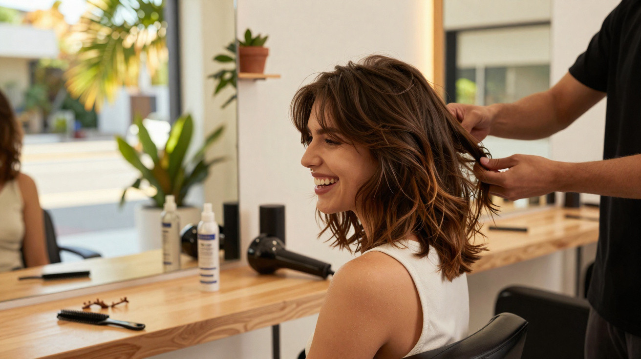 Mulher sorridente sentada enquanto cabeleireiro arruma seu cabelo em salão de beleza iluminado.