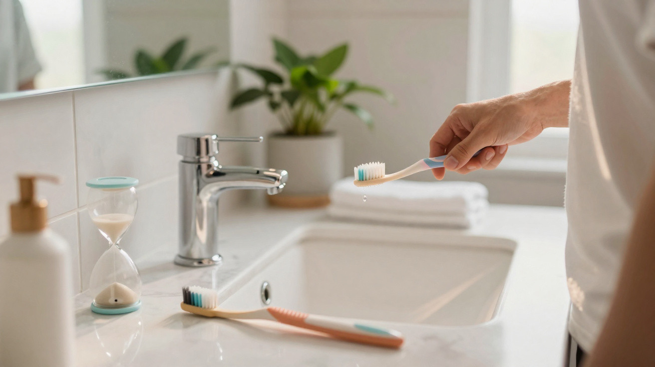 Pessoa segurando escova de dente molhada sobre pia de banheiro com plantas e toalhas ao fundo.