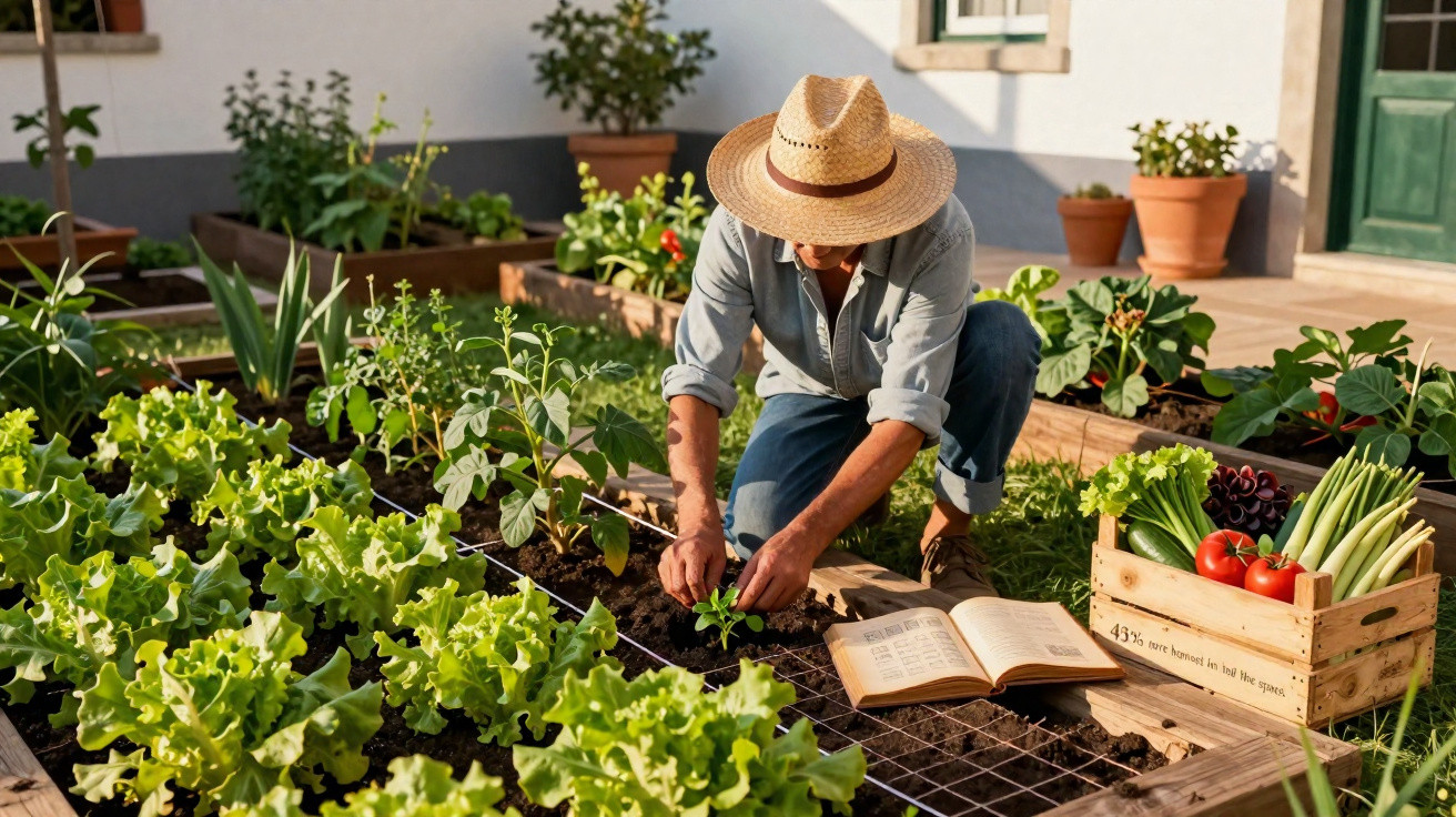 Pessoa com chapéu de palha cuidando de plantas em jardim com vegetais e livro aberto ao lado.