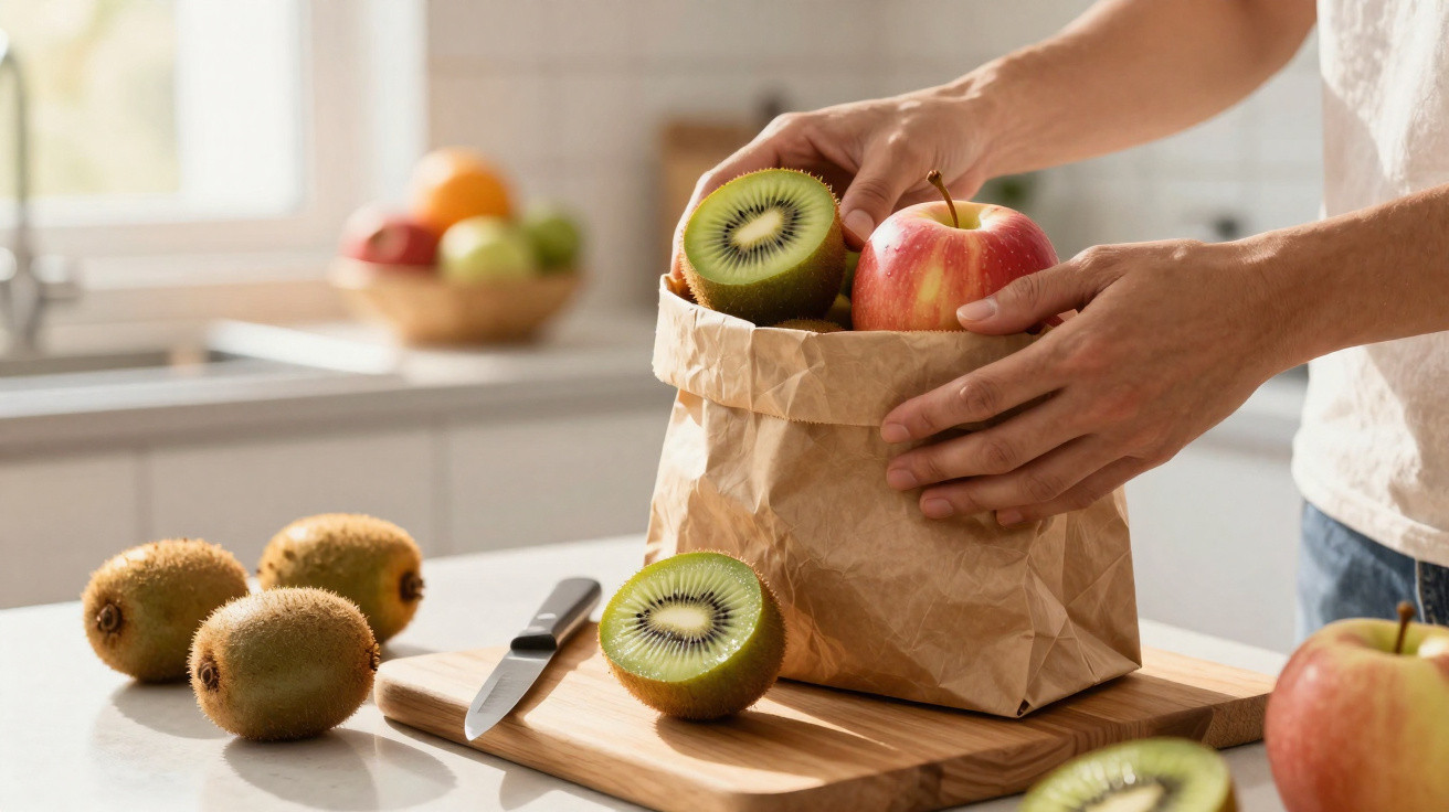 Pessoa colocando maçã e kiwi em saco de papel na cozinha clara, com frutas e faca sobre bancada.