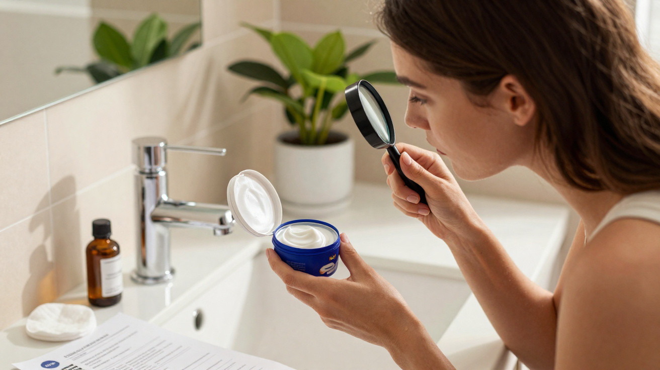 Mulher examinando creme facial com lupa no banheiro, ao lado de pia e plantas em vaso.