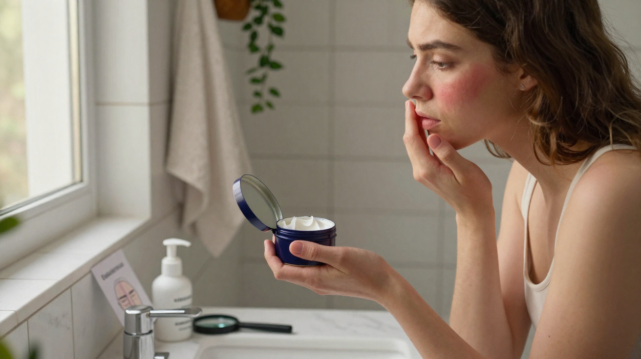 Mulher aplicando creme facial à beira da pia em banheiro iluminado por janela.