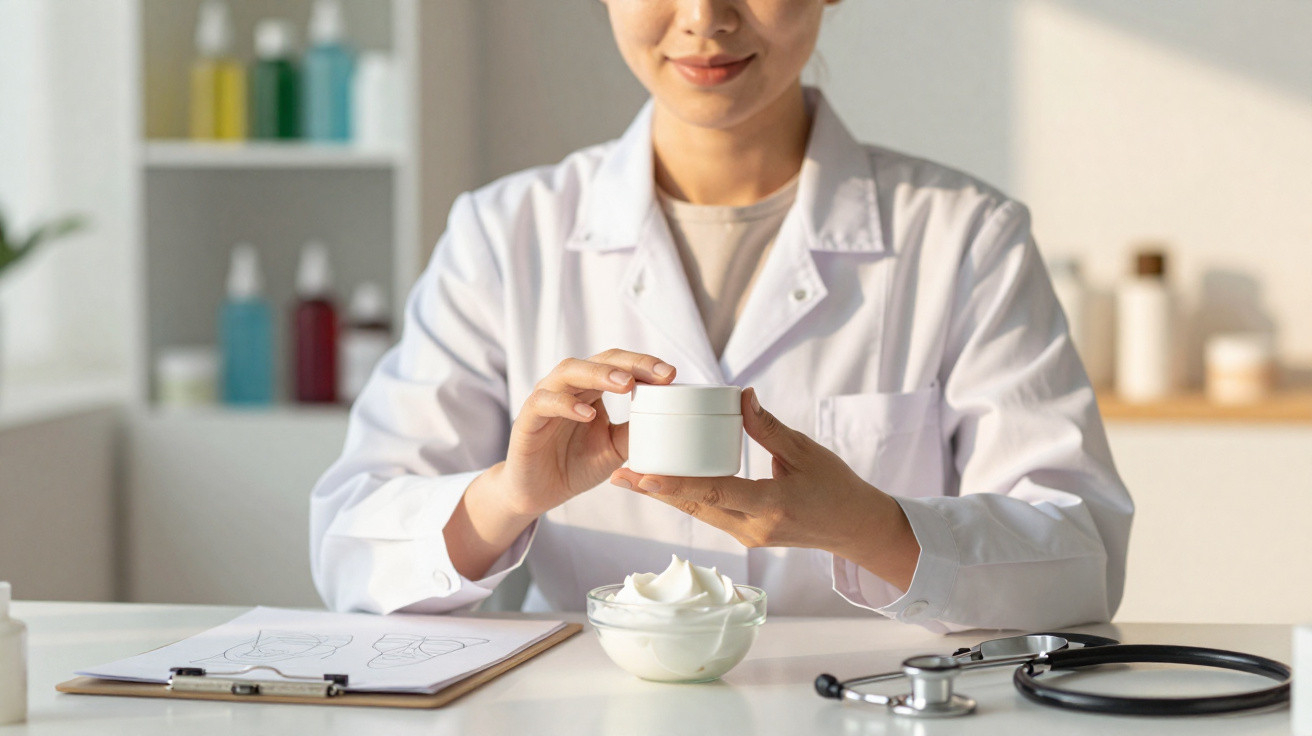 Especialista em laboratório segurando pote de creme branco com estetoscópio e prancheta sobre a mesa.