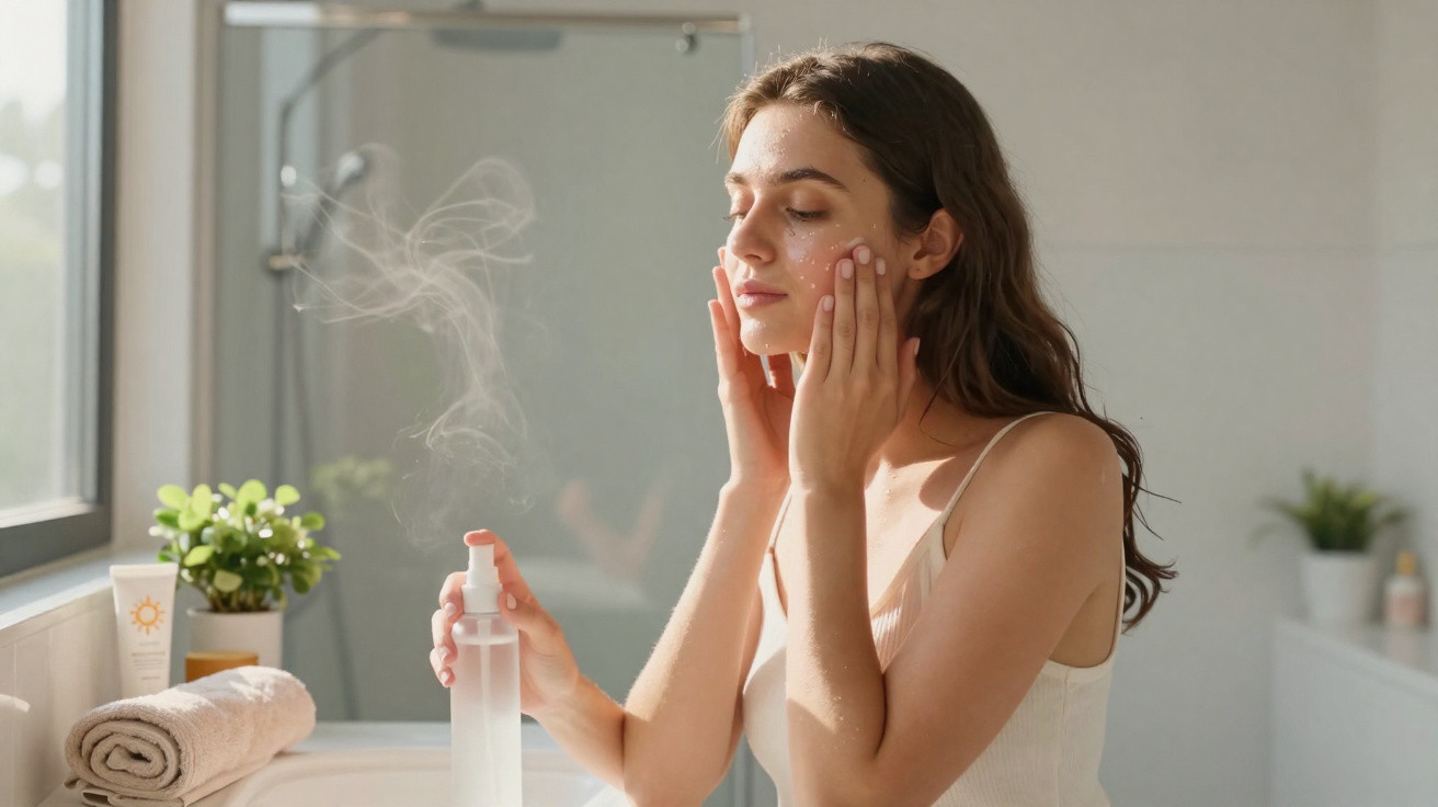 Mulher aplicando spray facial em ambiente iluminado, com toalha e planta ao fundo no banheiro.
