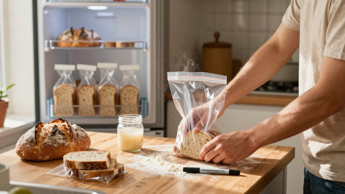 Pessoa guardando fatias de pão em sacos plásticos em cozinha com pão, pote e geladeira ao fundo.