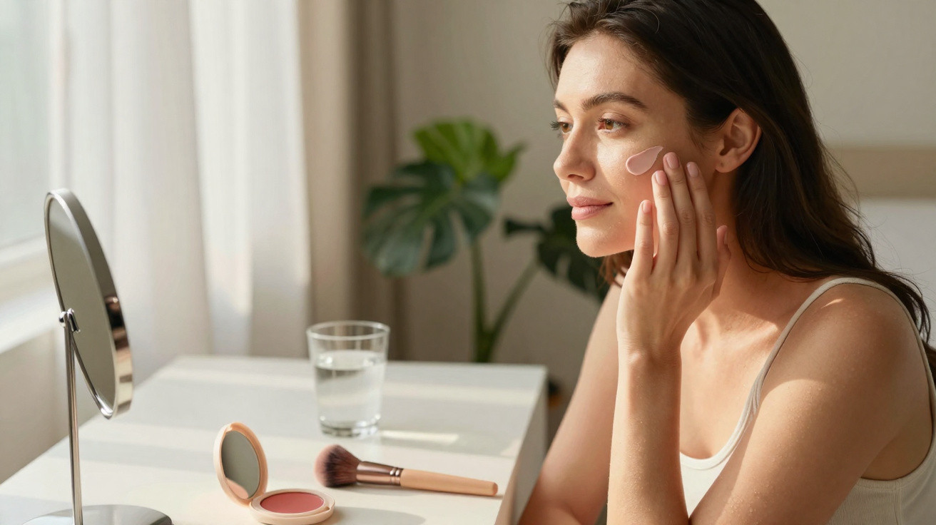 Mulher aplicando creme facial, sentada à mesa com espelho, pincel de maquiagem e copo d’água ao lado.